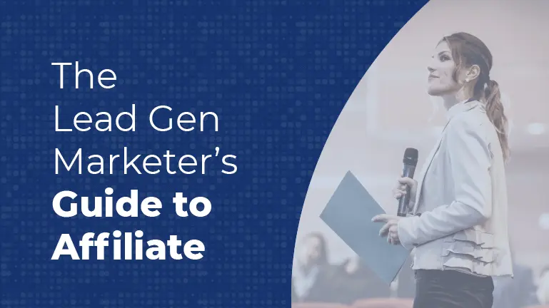 Businesswoman with mic in an audience with white text 'The Lead Gen Marketer's Guide to Affiliate' on a blue background