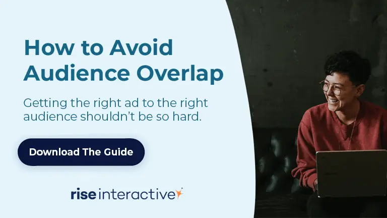 Blue Rise Interactive background with text 'How to Avoid Audience Overlap' with 'Download The Guide' CTA button.