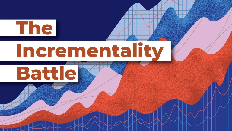eCommerce metrics area chart using shades of blue and red with red title text 'The Incrementality Battle'